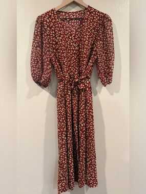 New (NWOT) 100% Mulberry Silk Dress Women's Burgundy Leaf-Print Long Sleeve M/L